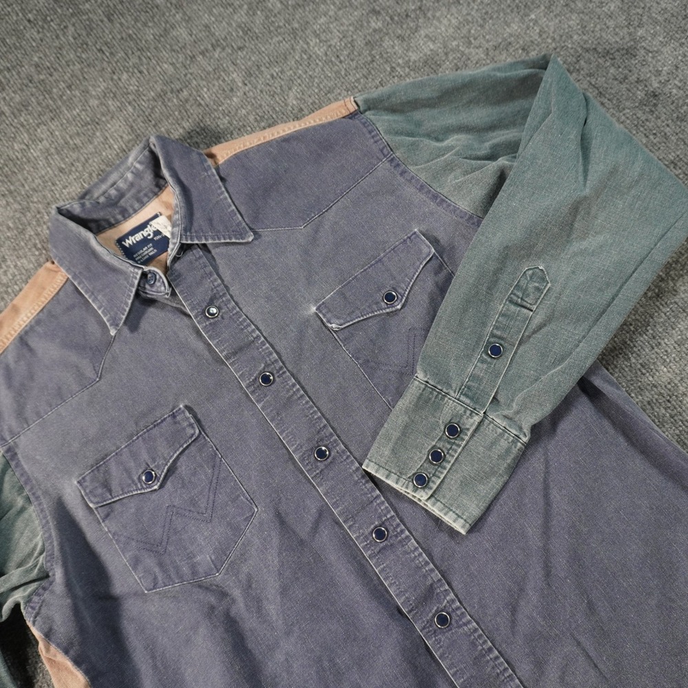 Wrangler Western Shirt Mens 15.5-34 Blue Colorblock Snap Front Long Tail Denim